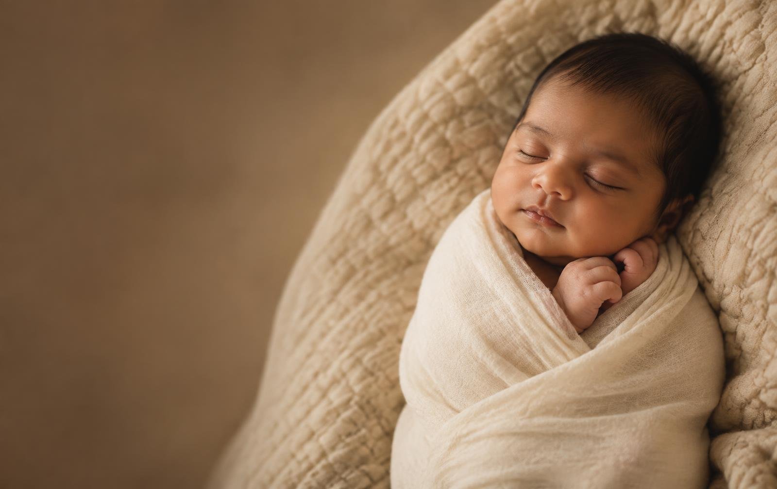 Sleeping newborn gently wrapped in ivory fabric