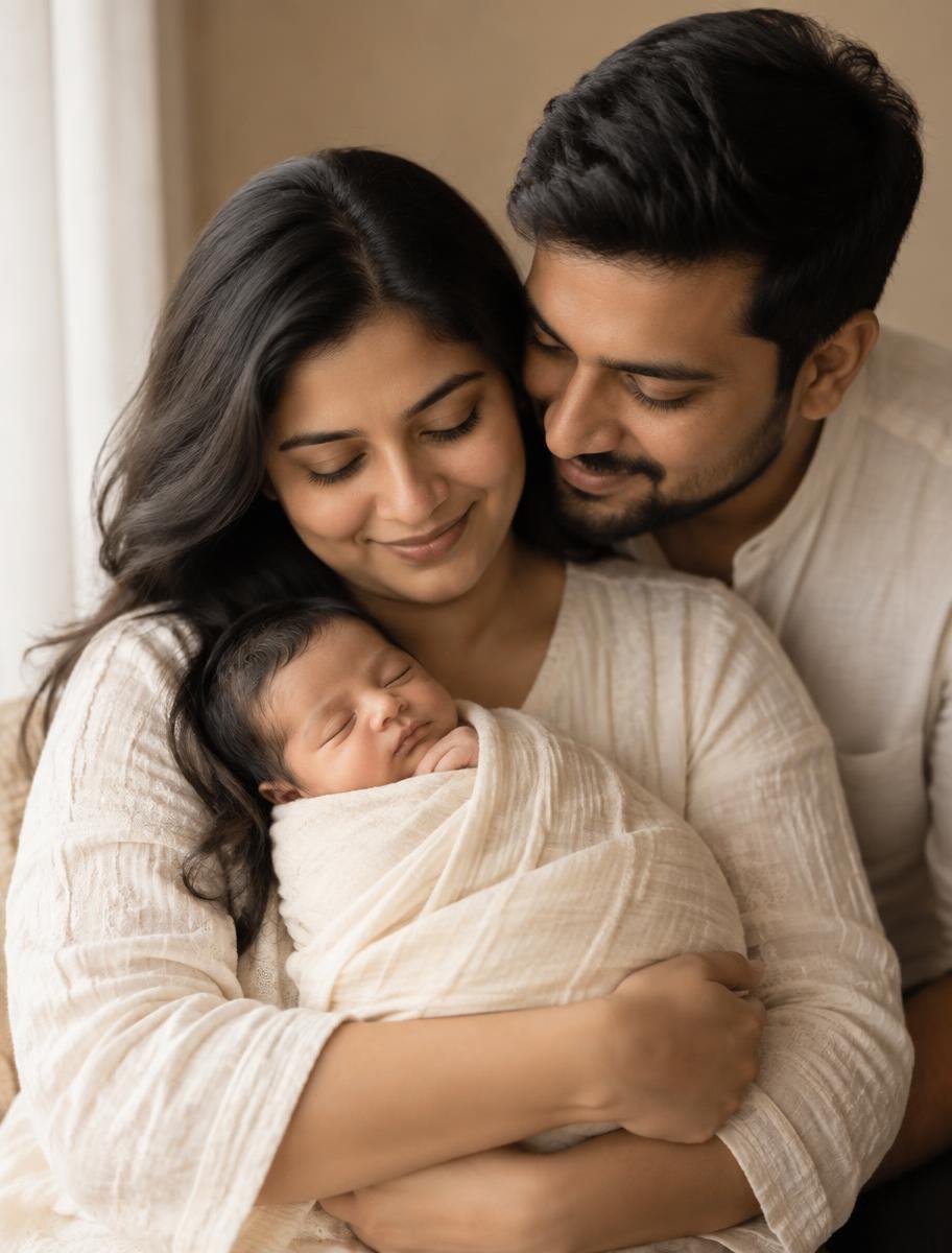 Representative portrait of parents holding their newborn